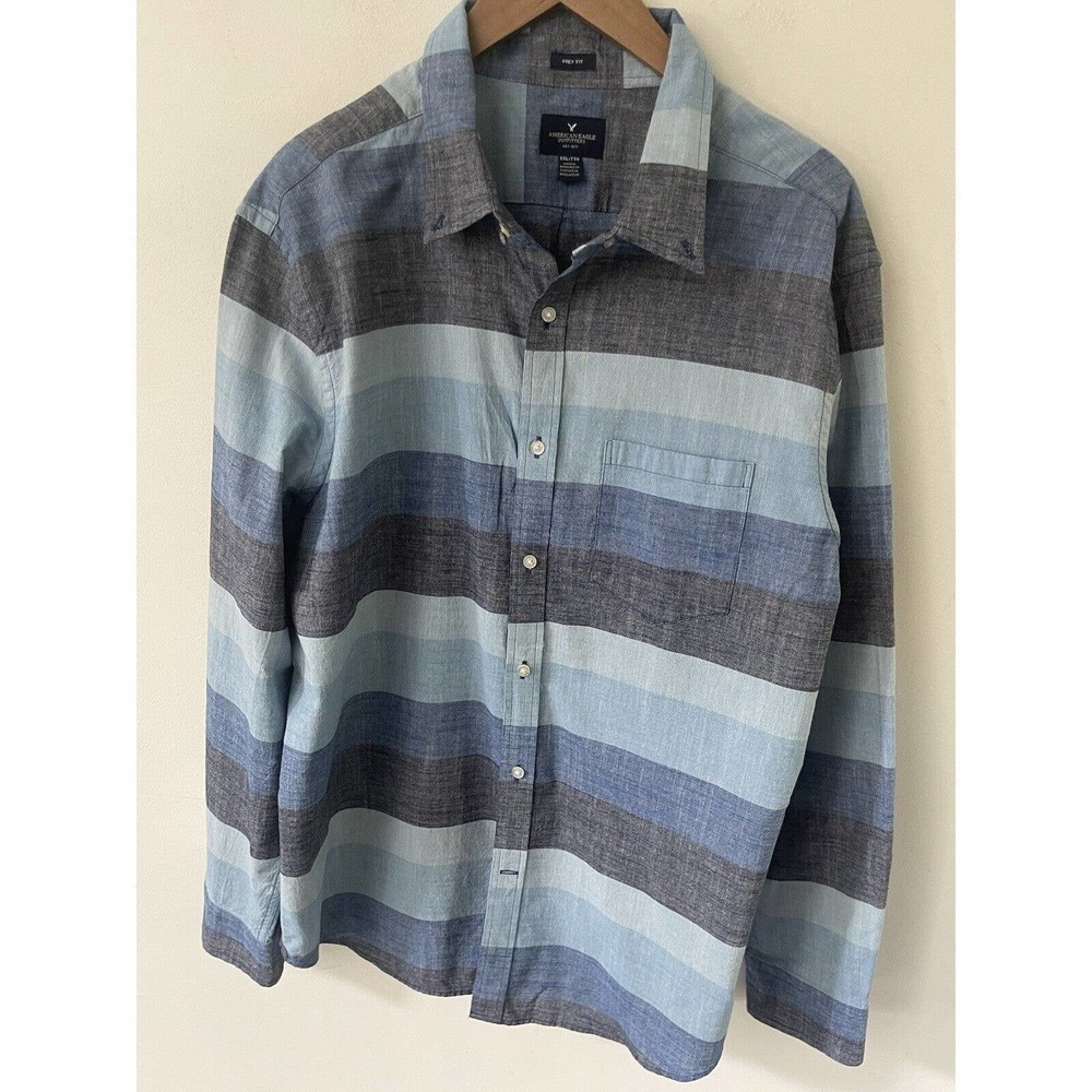 American Eagle Shirt Adult Blue Striped Long Sleeve Button Up Mens XXL Cotton